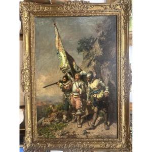  Cesare Augusto DETTI (1847-1914) Italie "Victoire !" Huile sur toile Signé daté 77, 70 x 39 cm