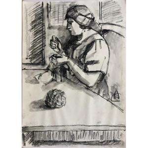 Alexandru CIUCURENCU (1903-1977) Roumanie "Femme cousant" Dessin à l'encre et lavis d'encre
