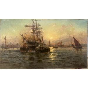 Charles John DE LACY (1856-c.1936) Anglais"Le port de Londres" Huile sur toile signée, 60x106cm