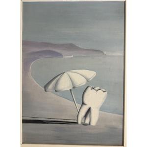 Amusant tableau surréaliste XX° représentant "Une dent sur la plage" Acrylique sur panneau
