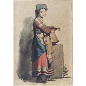 Dominique Louis Papety (1815–1849), Marseille, “young Roman Woman,” Watercolor, Signed And Dated 1830; 28 X 19 Cm