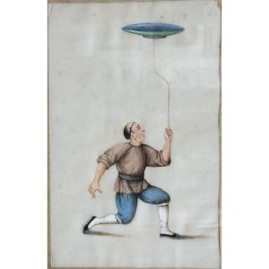 China, Early 20th Century, "chinese Circus Plate," Gouache On Rice Paper, 28 X 18 Cm