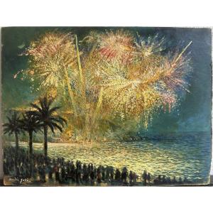 French School, 20th Century, "fireworks Over The Sea, French Riviera," Oil On Cardboard, Signed, 35 X 47 Cm