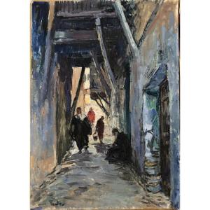 Henri Jean PONTOY (1888-1968) : "Rue animée de la Médina" MAROC 