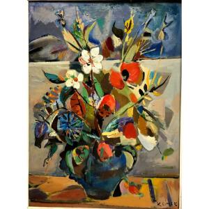 Ludwig KLIMEK (1912-1992); Pologne; Français: "Bouquet de fleurs dans un vase"