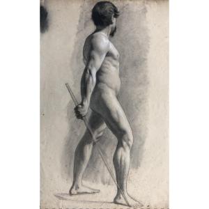 François Bouchot (1800-1842) Attributed: "academy, Male Nude" Charcoal Heightened With White