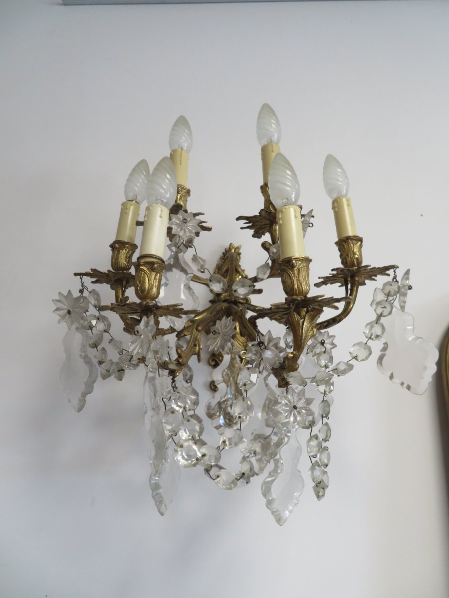 Pair Of Bronze Wall Sconces With Pendants-photo-4