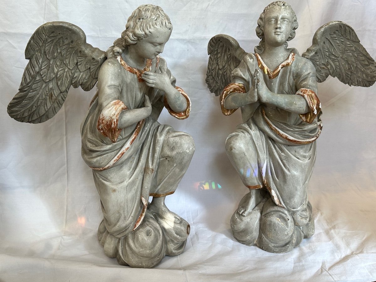 Pair Of Carved Wooden Angels Early 19 Eme