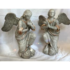 Paire D’anges En Bois Sculptés Début 19 Eme 