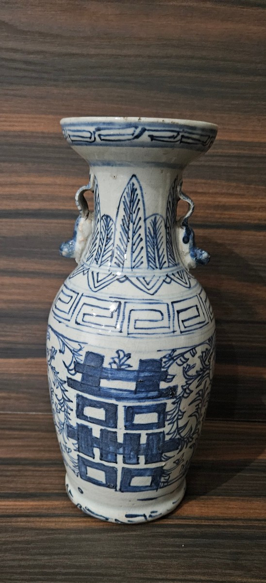 Vase asiatique blanc et bleu 23cm