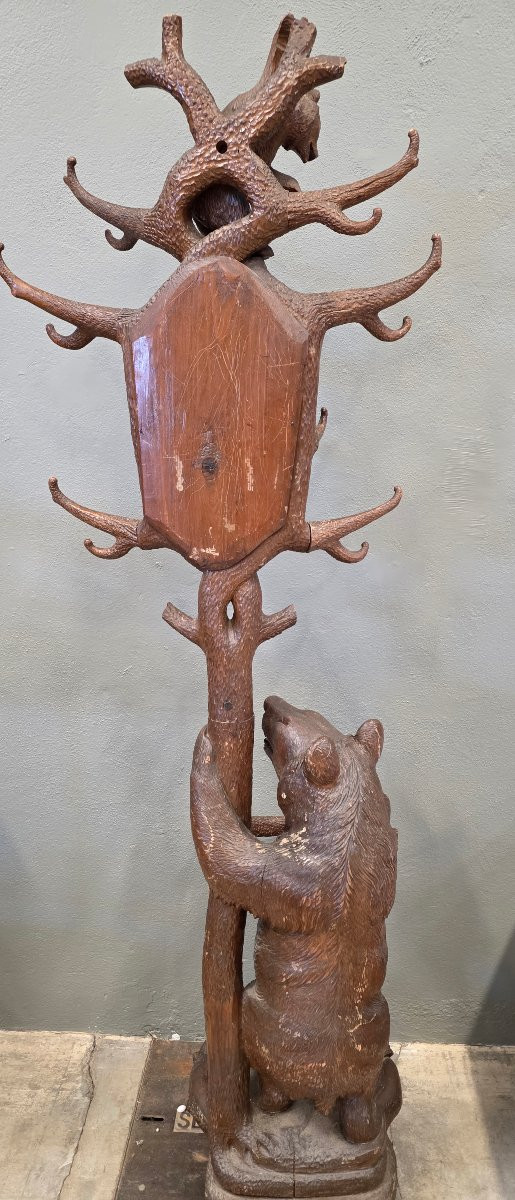 Black Forest Wooden Coat Rack 19th Century Bear And Cub 210cm-photo-3