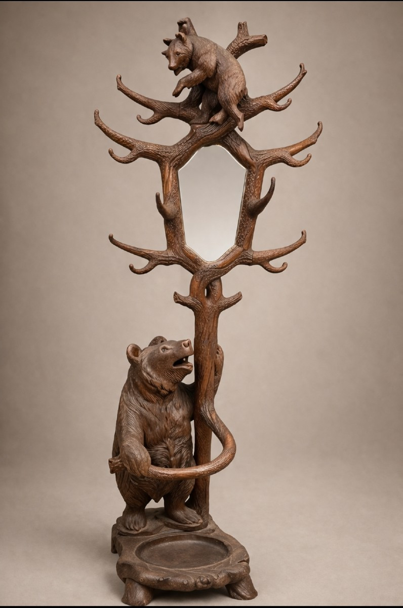 Black Forest Wooden Coat Rack 19th Century Bear And Cub 210cm