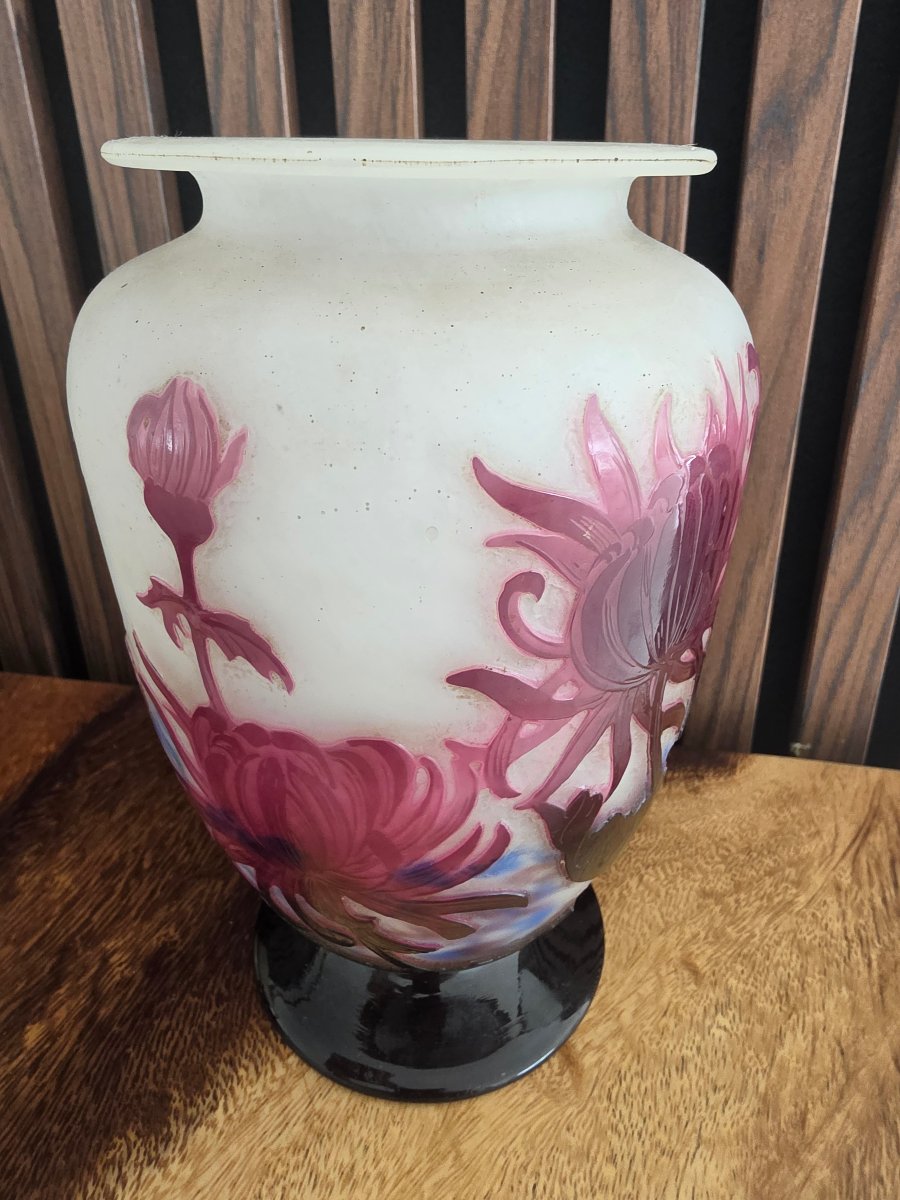 Vase aux dahlias rose par André delatte pâte de verre dégagé -photo-4