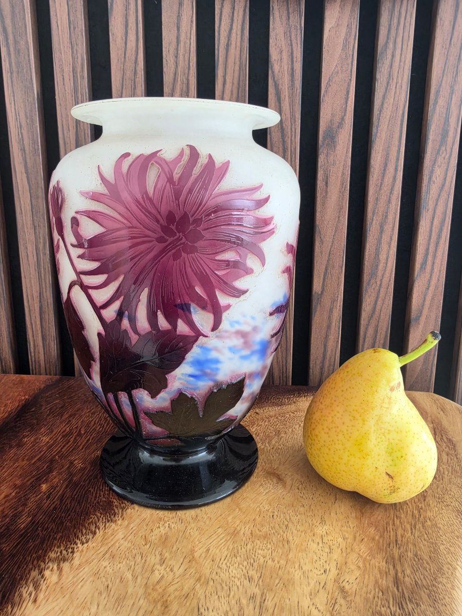 Vase aux dahlias rose par André delatte pâte de verre dégagé -photo-2