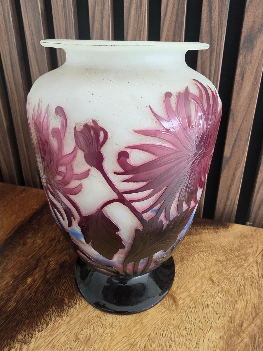 Vase aux dahlias rose par André delatte pâte de verre dégagé -photo-1