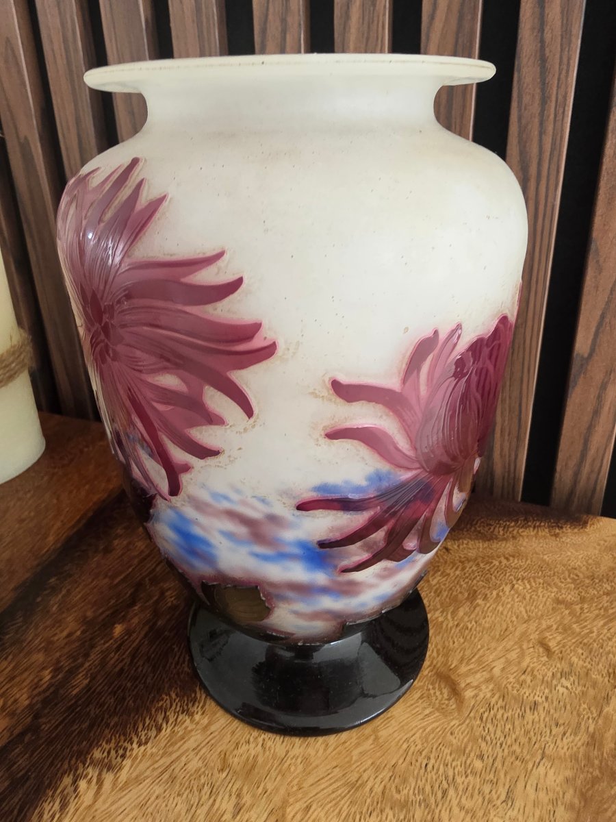 Vase aux dahlias rose par André delatte pâte de verre dégagé -photo-2