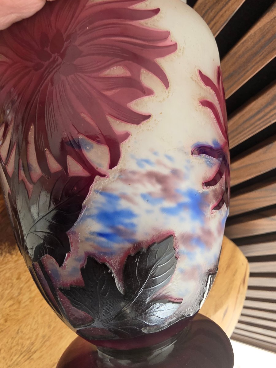 Vase aux dahlias rose par André delatte pâte de verre dégagé -photo-3