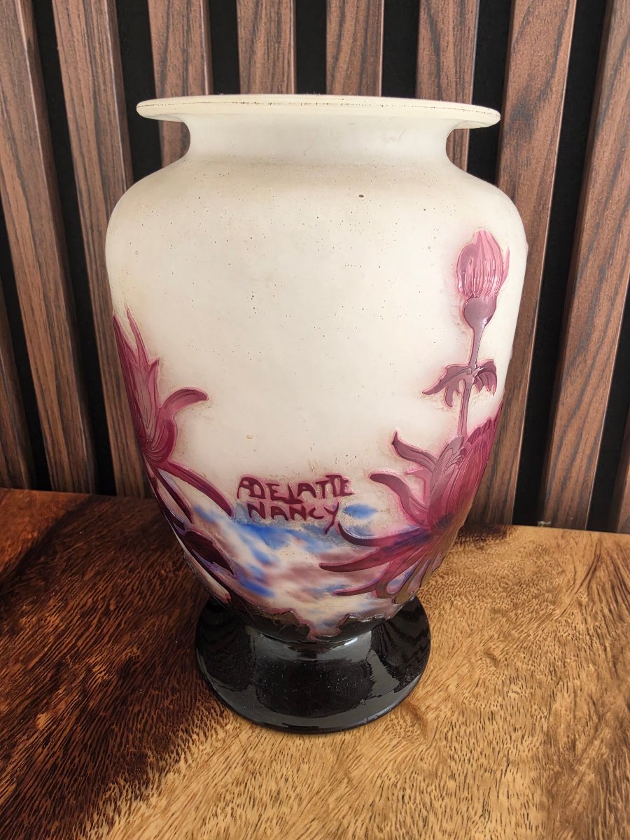 Vase aux dahlias rose par André delatte pâte de verre dégagé 