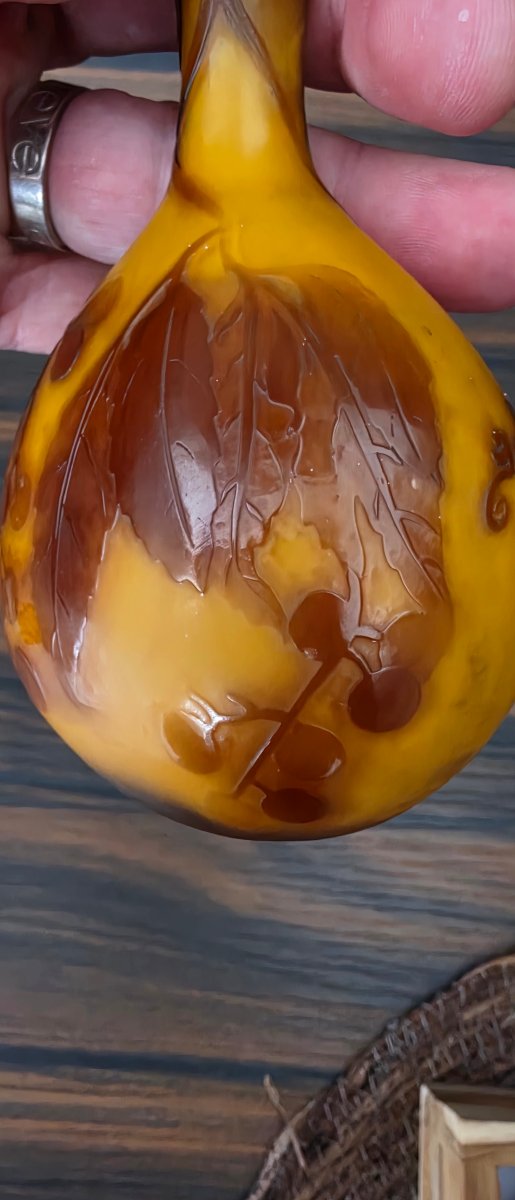 émile Gallé Vase, Orange With Floral Design, 17.5 Cm-photo-2