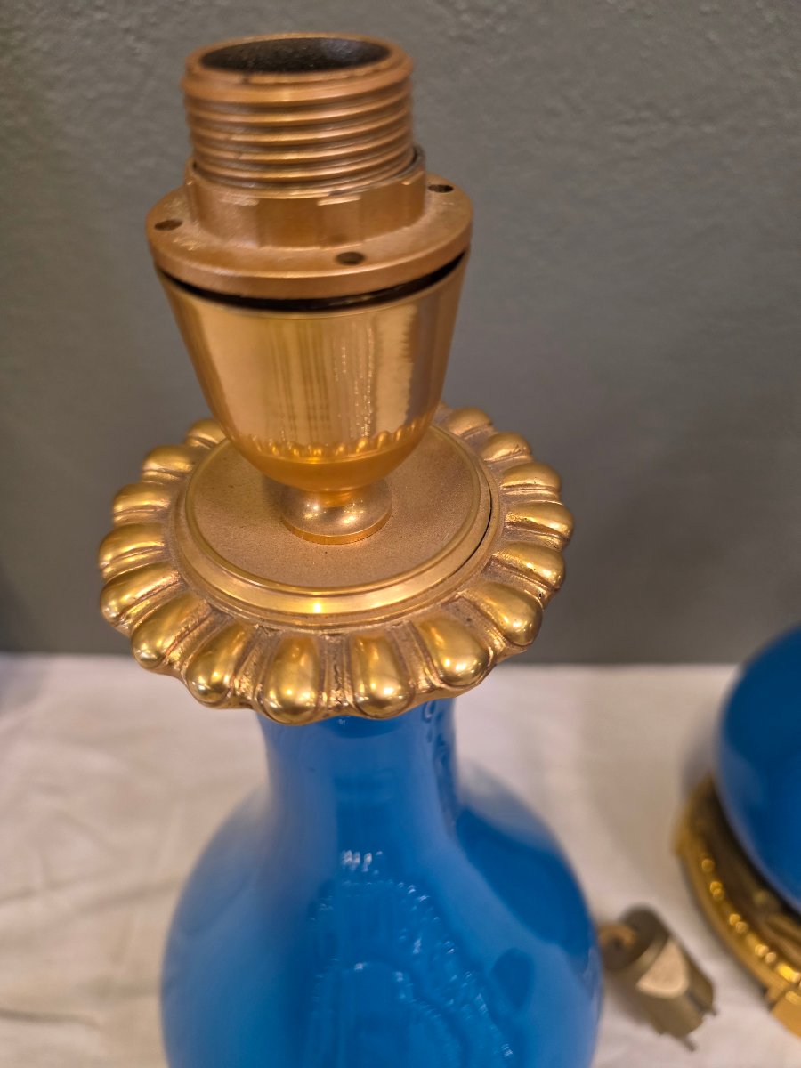 Pair Of Turquoise-blue Earthenware And Bronze Lamps With Built-in Lighting-photo-3
