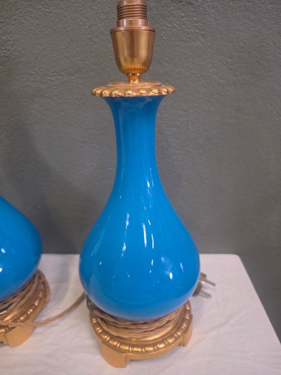 Pair Of Turquoise-blue Earthenware And Bronze Lamps With Built-in Lighting-photo-1