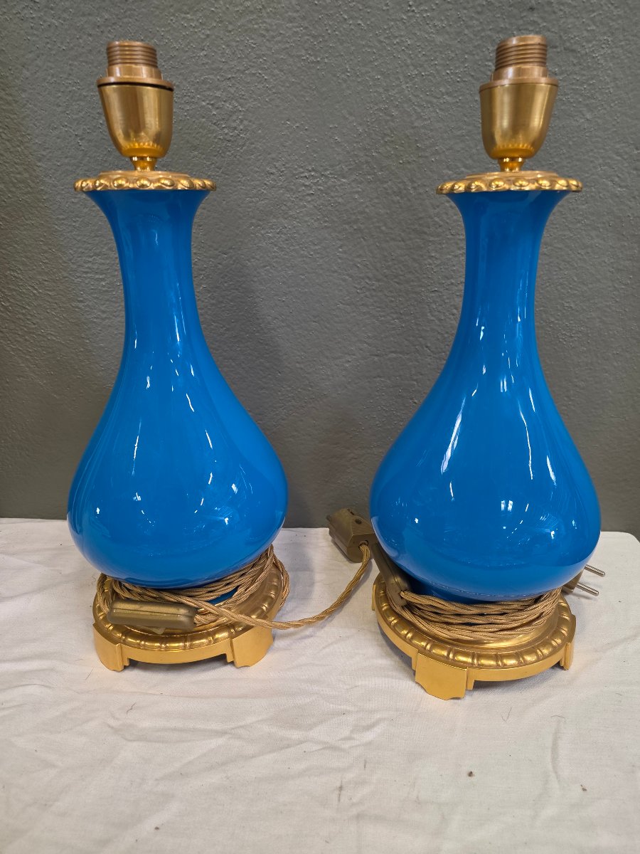 Pair Of Turquoise-blue Earthenware And Bronze Lamps With Built-in Lighting
