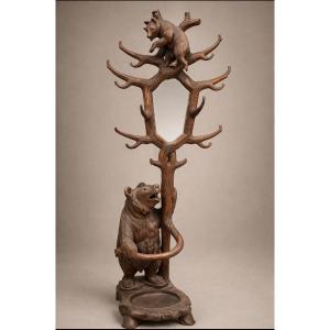Black Forest Wooden Coat Rack 19th Century Bear And Cub 210cm