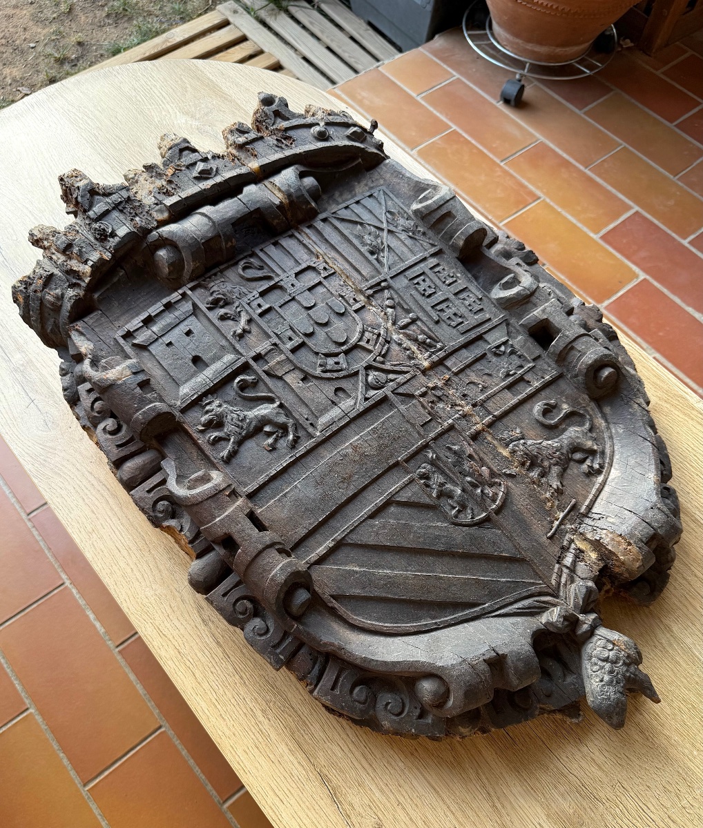 Armoiries de Philippe II d'Espagne - blason en bois fin XVIe / début XVIle siècle-photo-4
