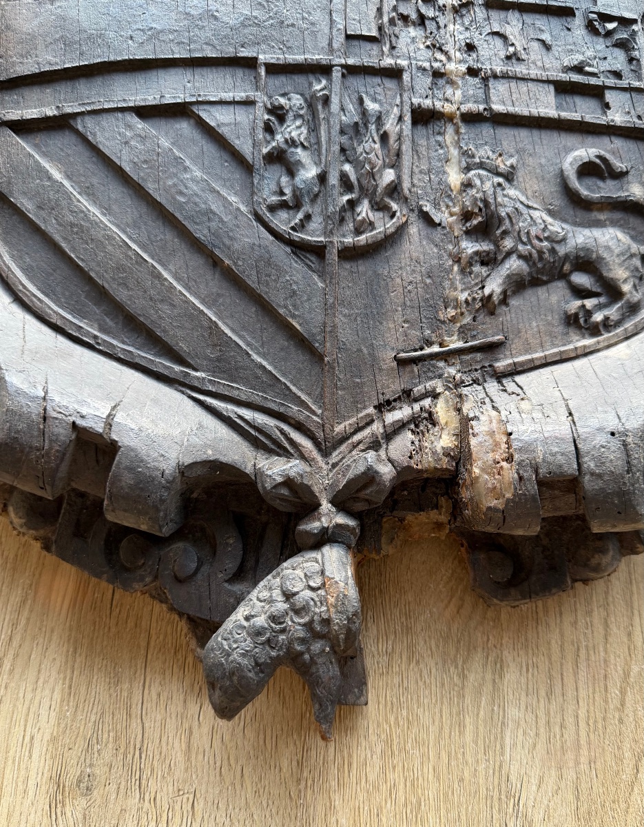 Armoiries de Philippe II d'Espagne - blason en bois fin XVIe / début XVIle siècle-photo-4