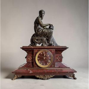 Red Marble And Bronze Clock By Eutrope Bouret, 19th Century