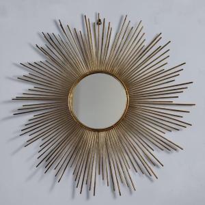 Grand miroir soleil en métal 1950