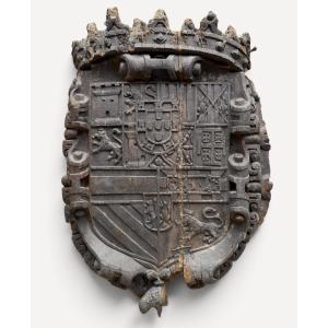 Armoiries de Philippe II d'Espagne - blason en bois fin XVIe / début XVIle siècle