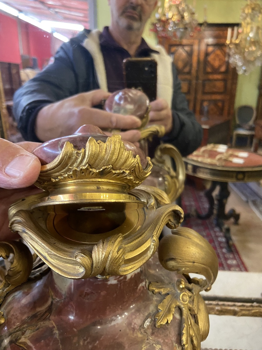 Paire de cassolette marbre et bronze doré -photo-1
