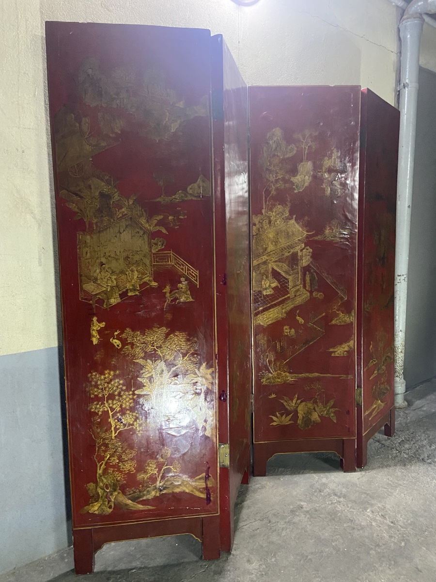 paravent bois laque et decor or -photo-1