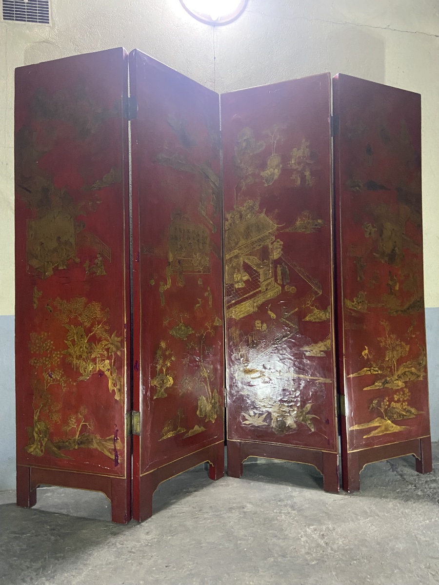 paravent bois laque et decor or 