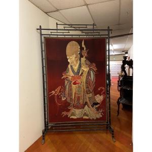 Exceptional Large Screen In Turned Wood And Embroidery