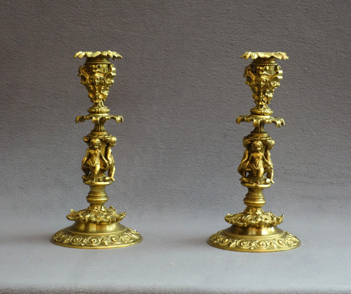 Paire de flambeaux de style Renaissance XIXème siècle-photo-2