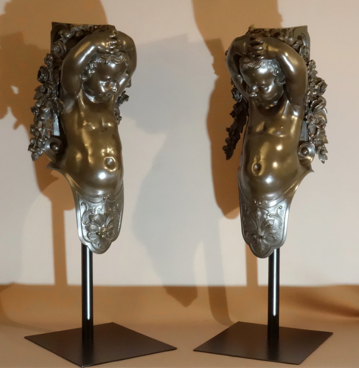 Pair Of Estate Bronzes Putti In Caryatid XIXth-photo-2