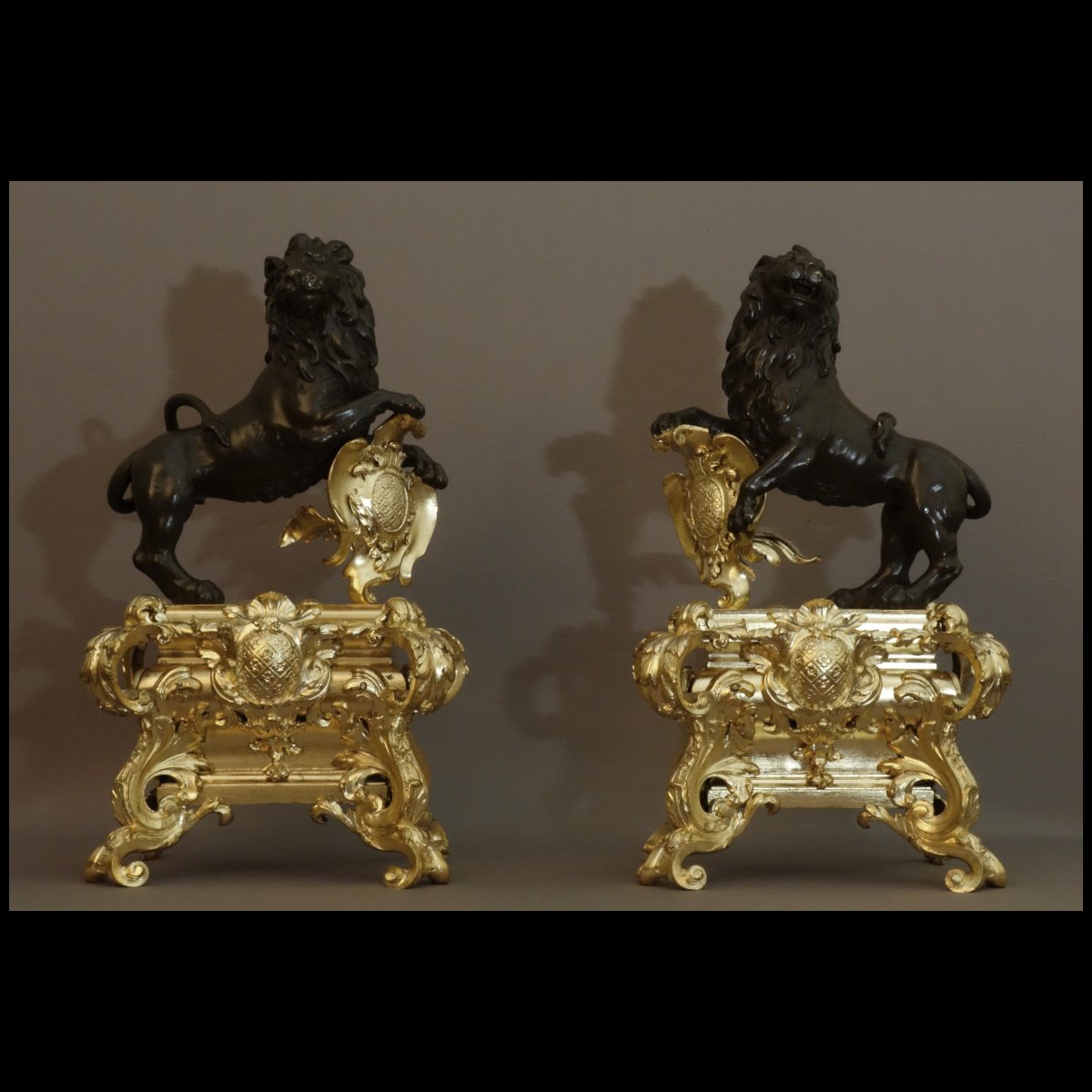 Pair Of Lions Andirons Regence Period