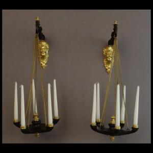 Pair Of Small Chandeliers Carried In Restoration Period Wall Brackets.