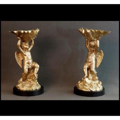 Pair Of Tazzas With Angels Carrying A Clam XIXth