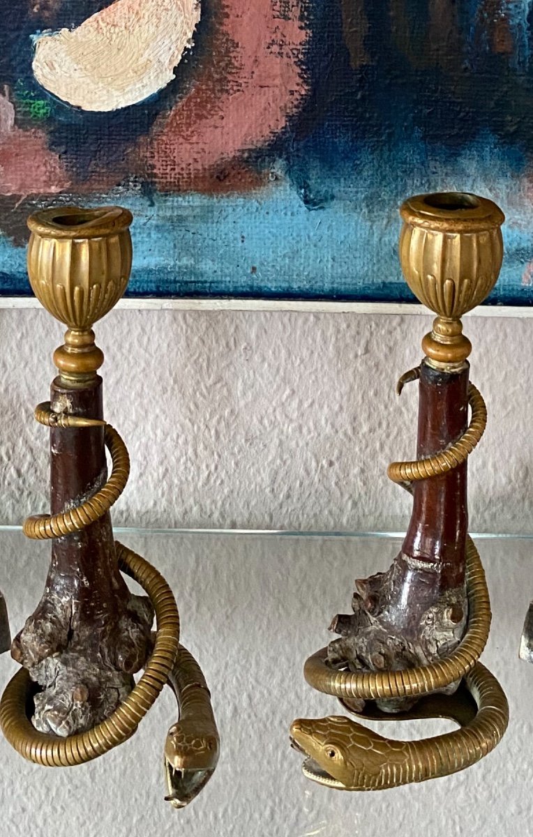 Russie Bougeoirs En Buis  Bronze Et émeraude 