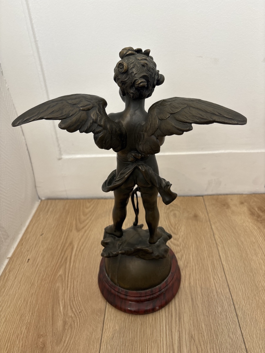Bronze de Cupidon signé Eutrope Bouret – Putto ailé – XIXe siècle – 36 cm-photo-3