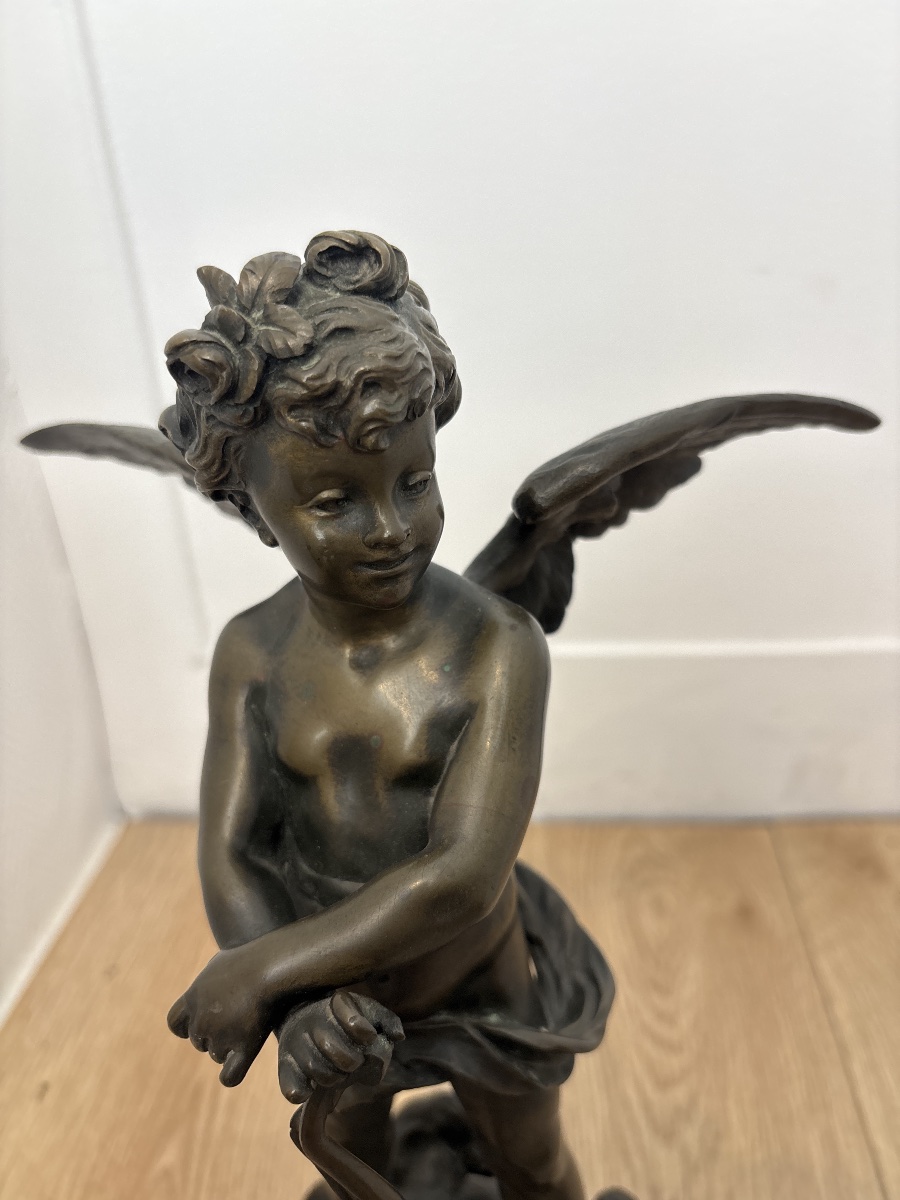 Bronze de Cupidon signé Eutrope Bouret – Putto ailé – XIXe siècle – 36 cm-photo-1