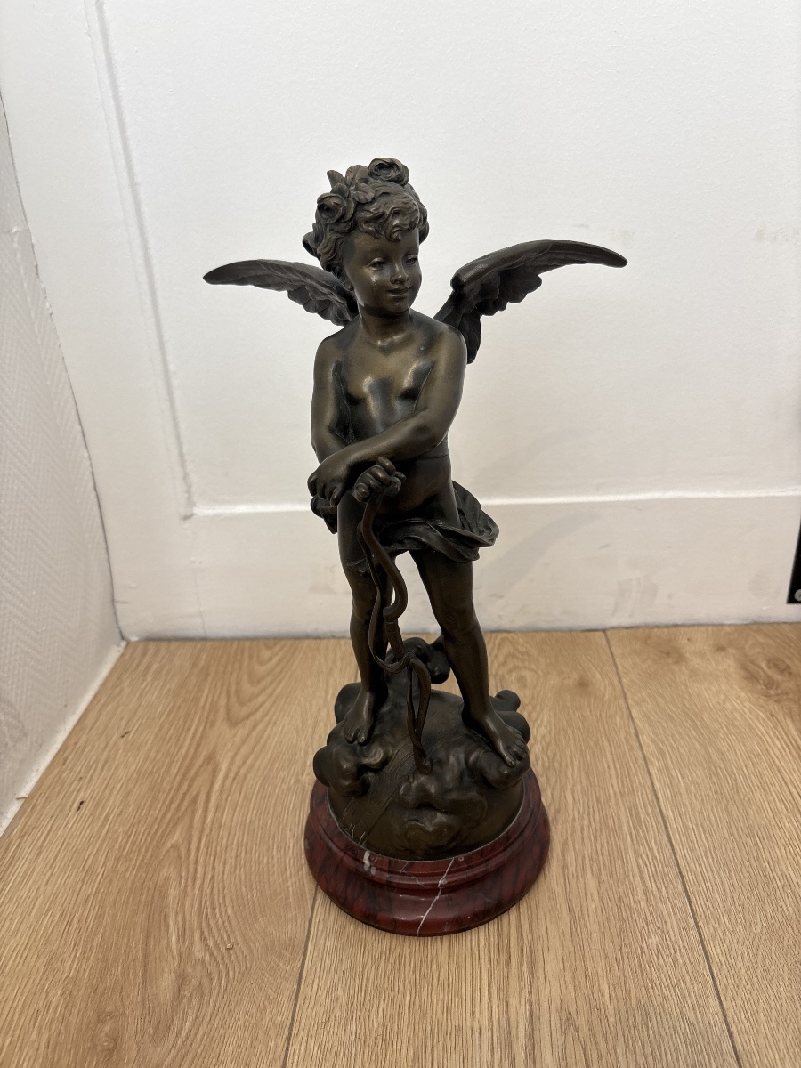 Bronze de Cupidon signé Eutrope Bouret – Putto ailé – XIXe siècle – 36 cm
