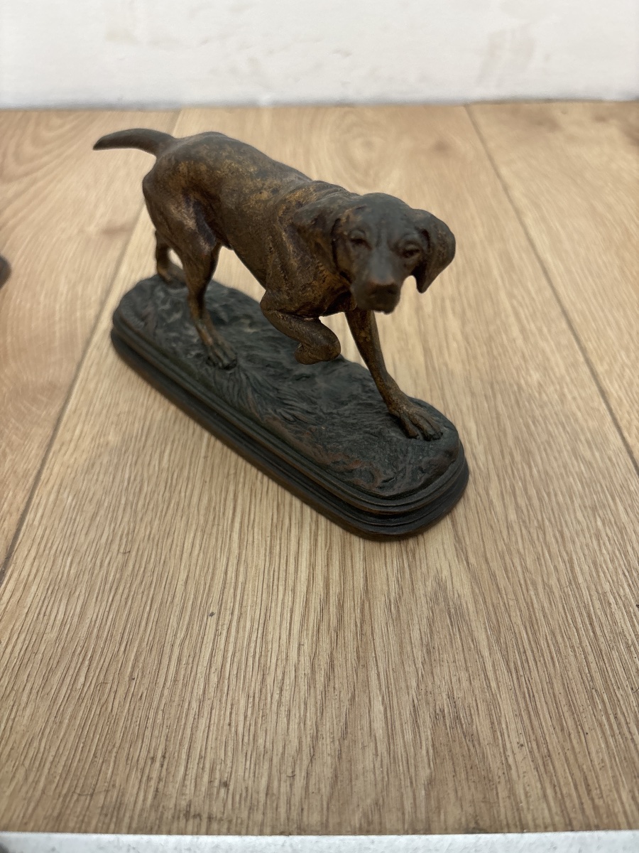 Paire de bronzes animaliers signés Paul Dubucand – Chiens de chasse – XIXᵉ siècle-photo-1