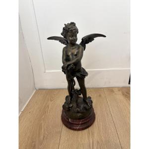 Bronze Statue Of Cupid By Eutrope Bouret – Winged Putto – 19th Century – 36 Cm