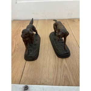 Pair Of Animal Bronze Sculptures Signed By Paul Dubucand – Hunting Dogs – 19th Century