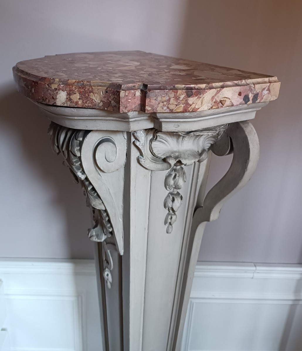 Pair Of Carved Wooden Columns With Aleppo Breccia Marble Tops.-photo-2