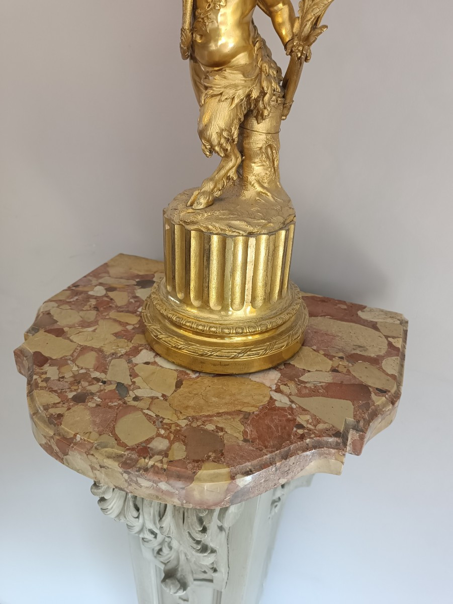 Pair Of Carved Wooden Columns With Aleppo Breccia Marble Tops.-photo-3